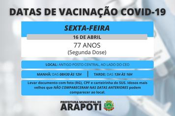 Vacinação COVID-19 - Idosos de 77 anos receberão segunda dose nessa sexta (16)