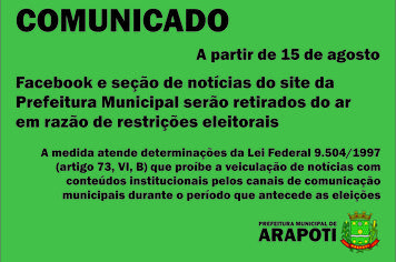A partir de 15 de agosto: Facebook e seÃ§Ã£o de notÃ­cias do site da Prefeitura saem do ar por restriÃ§Ãµes eleitorais