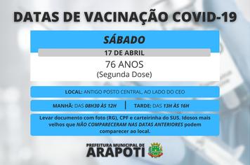 COVID-19 ? Idosos com 76 anos de idade receberão a segunda dose nesse sábado (16)