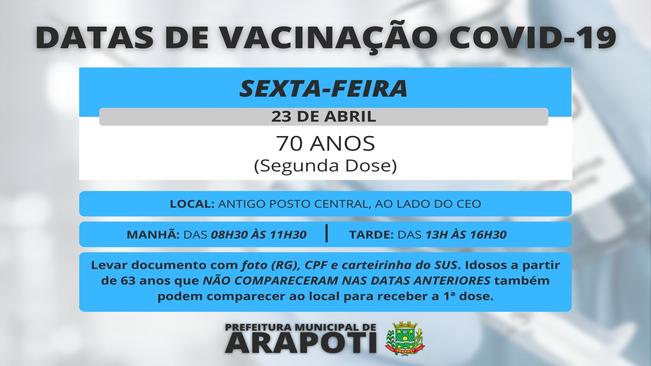 Vacinação COVID-19 - Idosos com 70 anos recebem a segunda dose nessa sexta (23)