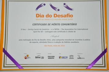MUNICÃPIO RECEBE CERTIFICADO DE MÃ?RITO COMUNITÃRIO: DIA DO DESAFIO 2016.
