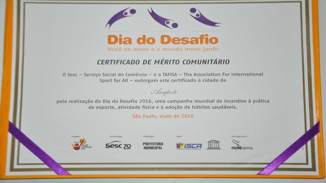 MUNICÃPIO RECEBE CERTIFICADO DE MÃ?RITO COMUNITÃRIO: DIA DO DESAFIO 2016.