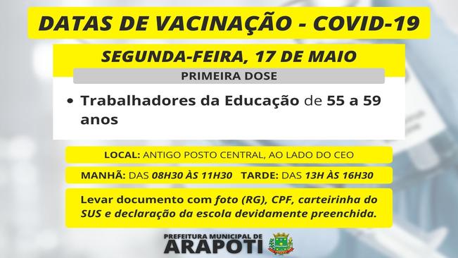 Prefeitura começará a vacinação dos trabalhadores da Educação nessa segunda (17)